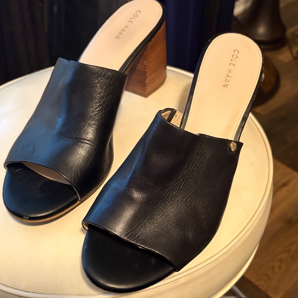 Cole Haan Women's Black Leather Mules with Wooden Heel, like new